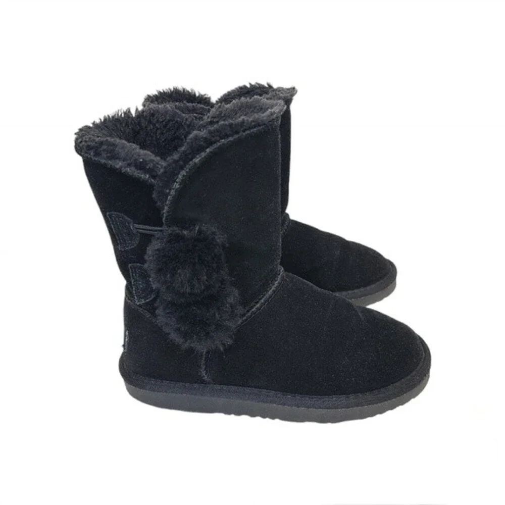 Dream Paris Sheepskin Fur Kids PomPom Black Boots 1Y